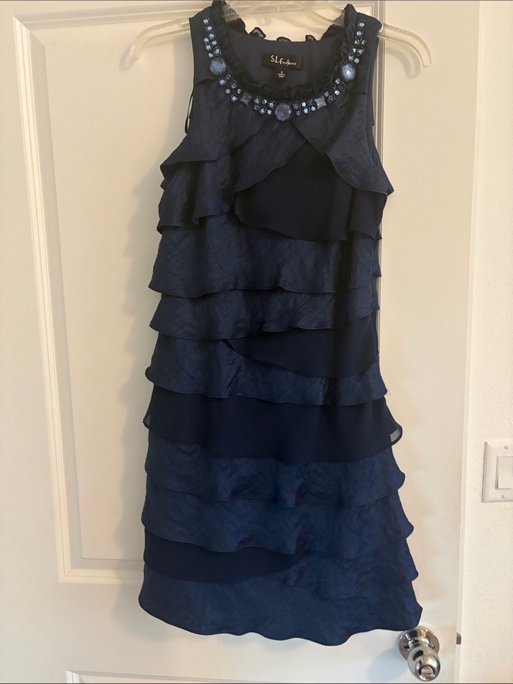 SL Fashions Navy Beaded Ruffle Tier Dress